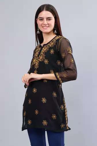 hand embroidered black georgette lucknowi chikankari top with slip