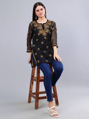 hand embroidered black georgette lucknowi chikankari top with slip 5
