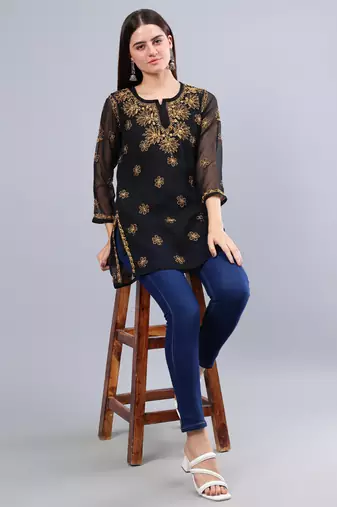 hand embroidered black georgette lucknowi chikankari top with slip