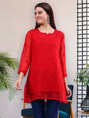 hand embroidered red georgette lucknowi chikankari top with slip 1