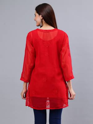 hand embroidered red georgette lucknowi chikankari top with slip 2