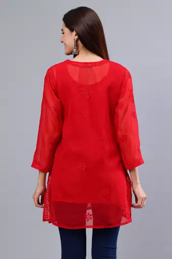 hand embroidered red georgette lucknowi chikankari top with slip