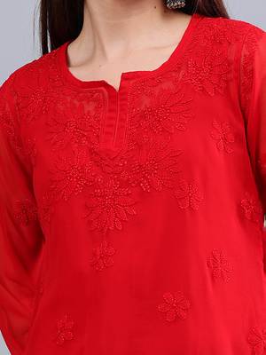 hand embroidered red georgette lucknowi chikankari top with slip 3