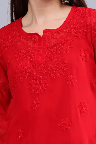 hand embroidered red georgette lucknowi chikankari top with slip