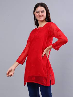 hand embroidered red georgette lucknowi chikankari top with slip 4