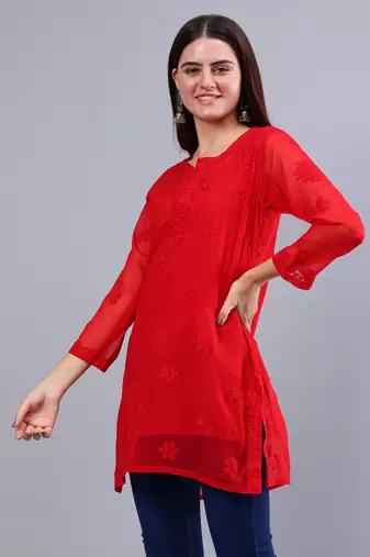 hand embroidered red georgette lucknowi chikankari top with slip