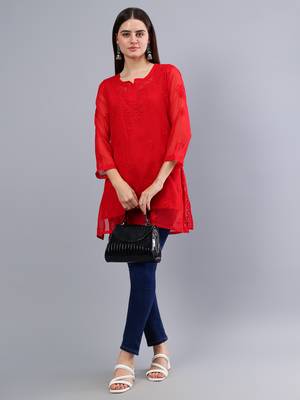 hand embroidered red georgette lucknowi chikankari top with slip 5