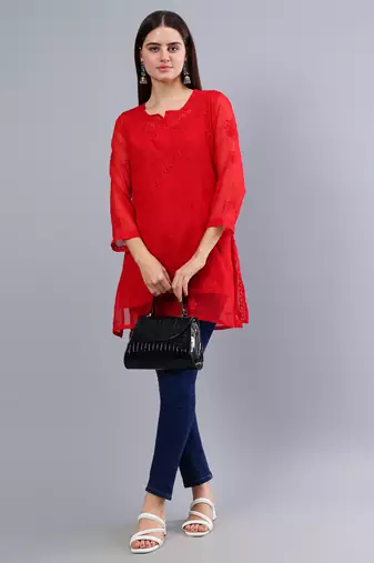 hand embroidered red georgette lucknowi chikankari top with slip