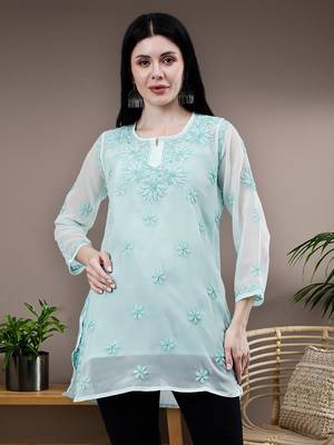 hand embroidered sea green georgette lucknowi chikankari top with slip 1