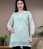 hand embroidered sea green georgette lucknowi chikankari top with slip