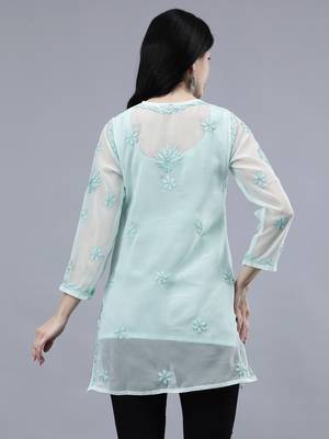 hand embroidered sea green georgette lucknowi chikankari top with slip 2