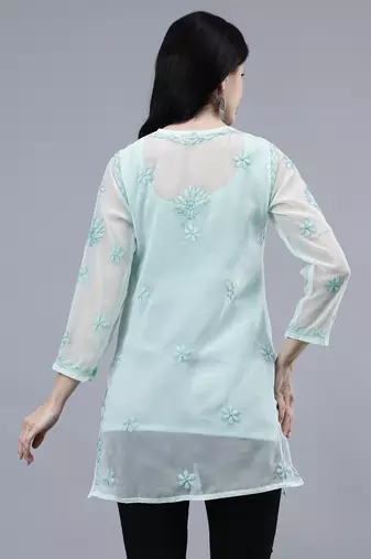 hand embroidered sea green georgette lucknowi chikankari top with slip