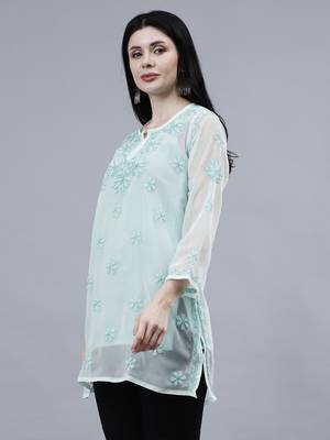 hand embroidered sea green georgette lucknowi chikankari top with slip 3