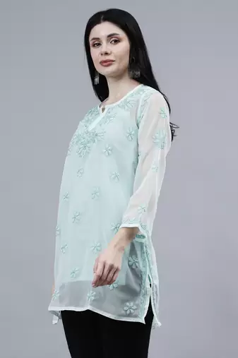 hand embroidered sea green georgette lucknowi chikankari top with slip