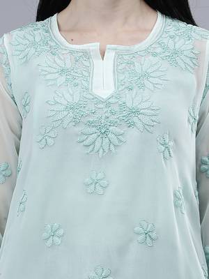 hand embroidered sea green georgette lucknowi chikankari top with slip 4