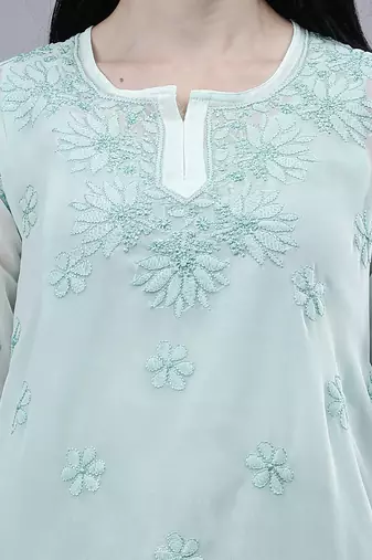 hand embroidered sea green georgette lucknowi chikankari top with slip