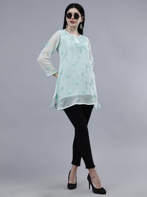 hand embroidered sea green georgette lucknowi chikankari top with slip 5