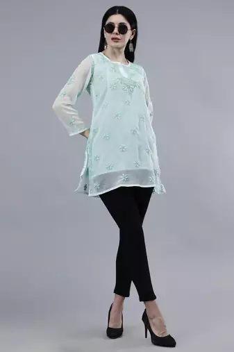 hand embroidered sea green georgette lucknowi chikankari top with slip