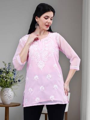 hand embroidered pink georgette lucknowi chikankari top with slip 1
