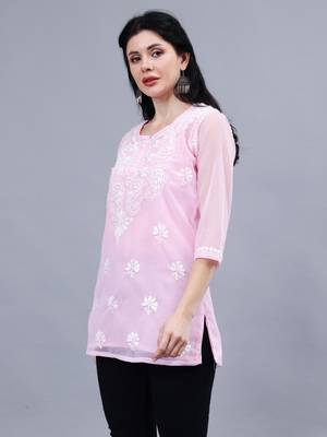 hand embroidered pink georgette lucknowi chikankari top with slip 2