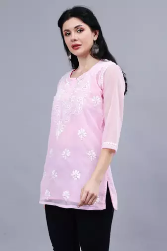 hand embroidered pink georgette lucknowi chikankari top with slip