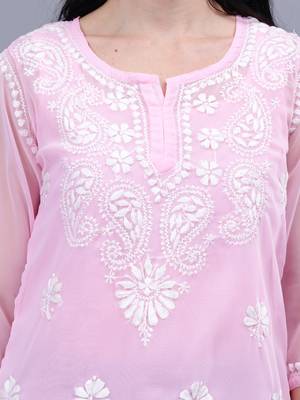 hand embroidered pink georgette lucknowi chikankari top with slip 3