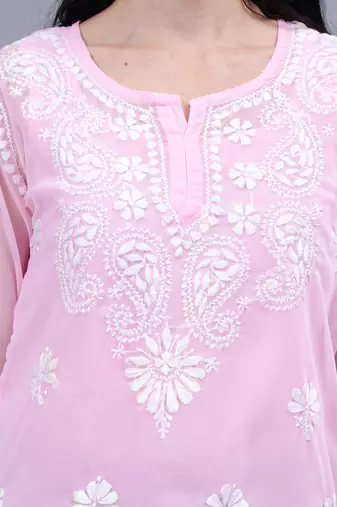 hand embroidered pink georgette lucknowi chikankari top with slip