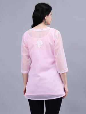 hand embroidered pink georgette lucknowi chikankari top with slip 4