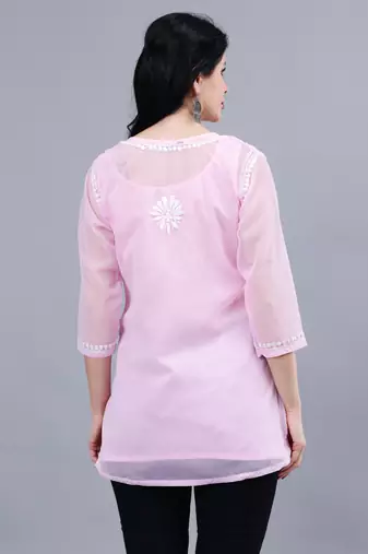 hand embroidered pink georgette lucknowi chikankari top with slip