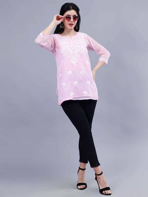 hand embroidered pink georgette lucknowi chikankari top with slip 5