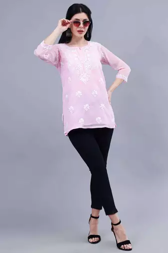 hand embroidered pink georgette lucknowi chikankari top with slip