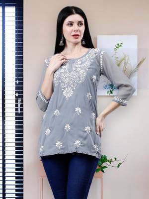 hand embroidered gey georgette lucknowi chikankari top with slip 1