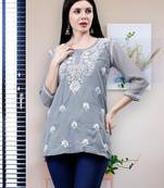 hand embroidered gey georgette lucknowi chikankari top with slip