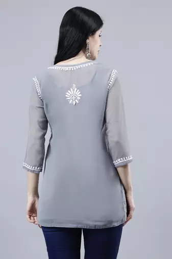 hand embroidered gey georgette lucknowi chikankari top with slip