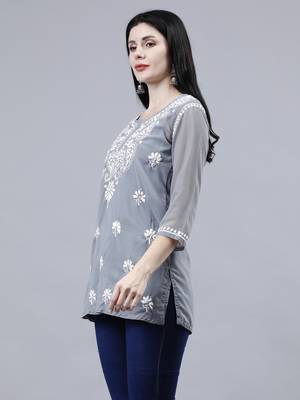hand embroidered gey georgette lucknowi chikankari top with slip 3