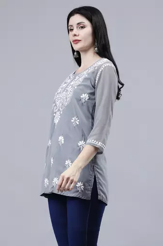 hand embroidered gey georgette lucknowi chikankari top with slip