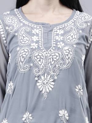 hand embroidered gey georgette lucknowi chikankari top with slip 4