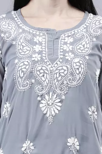 hand embroidered gey georgette lucknowi chikankari top with slip