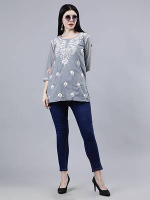 hand embroidered gey georgette lucknowi chikankari top with slip 5