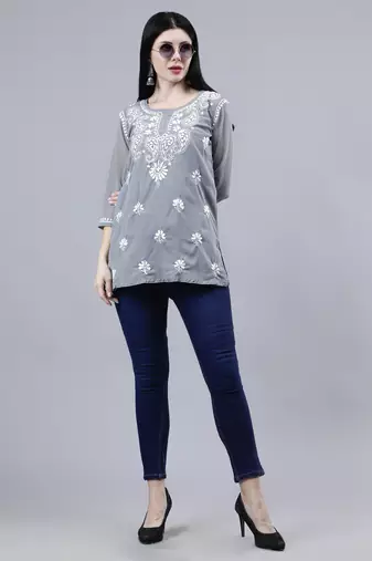 hand embroidered gey georgette lucknowi chikankari top with slip