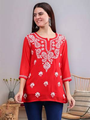 hand embroidered red georgette lucknowi chikankari top with slip 1