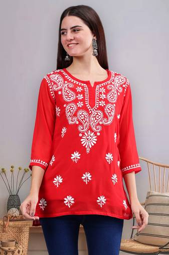 hand embroidered red georgette lucknowi chikankari top with slip