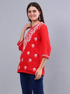 hand embroidered red georgette lucknowi chikankari top with slip 2