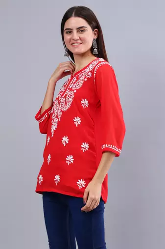 hand embroidered red georgette lucknowi chikankari top with slip