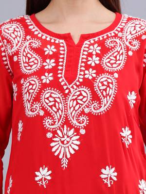 hand embroidered red georgette lucknowi chikankari top with slip 3