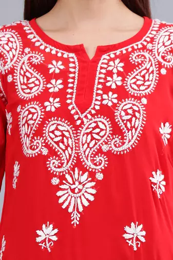 hand embroidered red georgette lucknowi chikankari top with slip