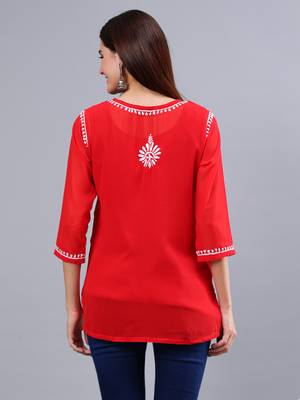 hand embroidered red georgette lucknowi chikankari top with slip 4