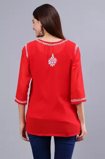 hand embroidered red georgette lucknowi chikankari top with slip