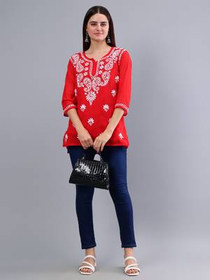hand embroidered red georgette lucknowi chikankari top with slip 5
