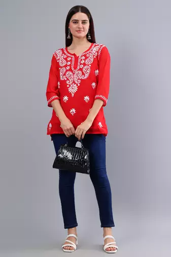 hand embroidered red georgette lucknowi chikankari top with slip